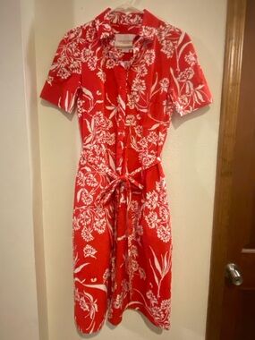 VINTAGE Carolina Herrera Italy Red White Floral Flower Leaf A-Line